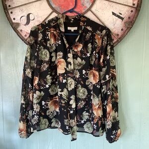 Moon River Small long sleeve floral tie neck blouse